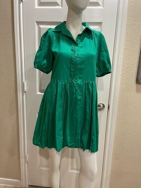 Umgee Kelly Green Tiered Puff Sleeve Button-Down Linen Blend Mini Dress Size Sma